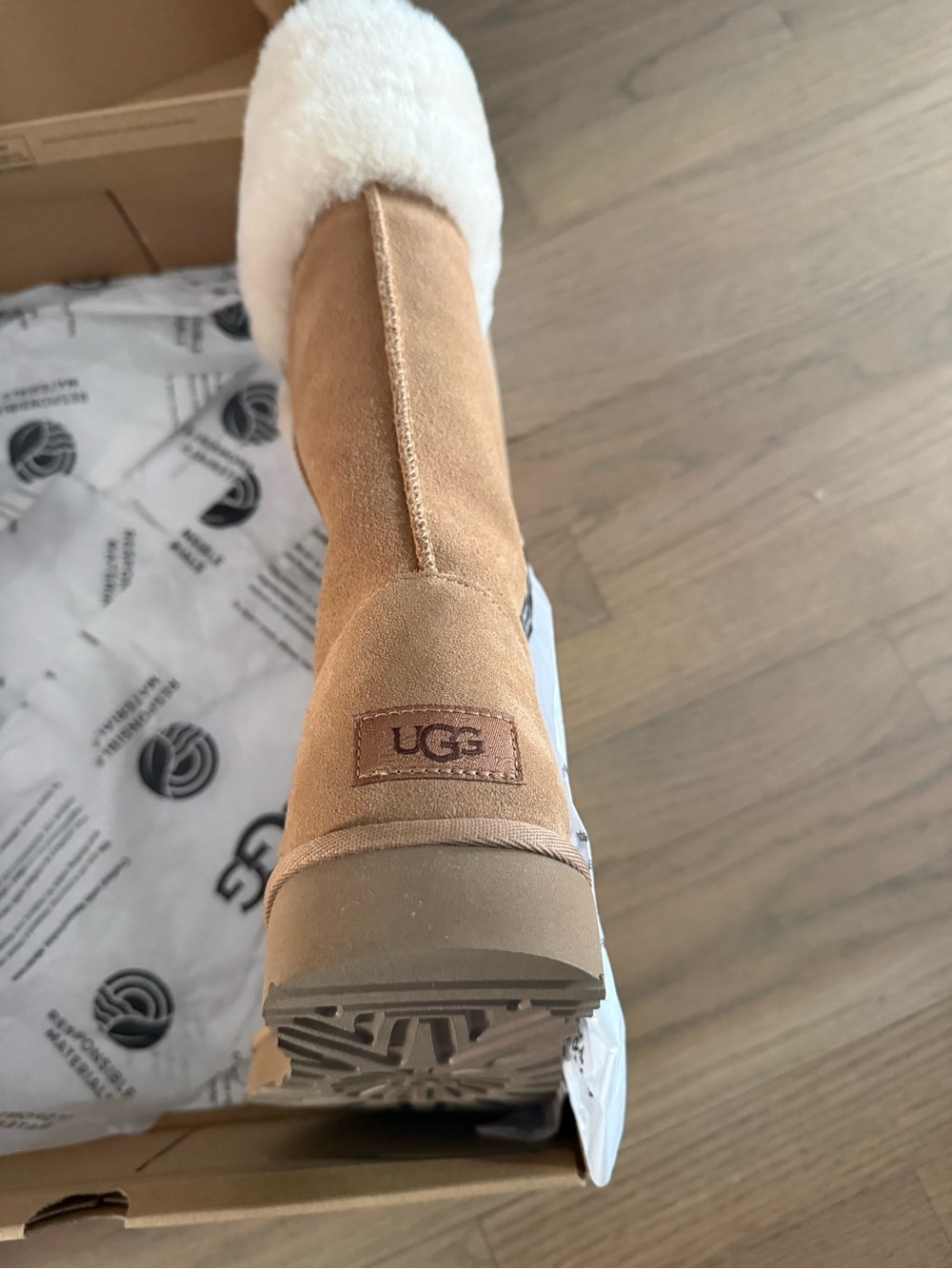UGG Chestnut Suede Tall Boot with Cream Shearling Cuff - Picture 2 of 8
